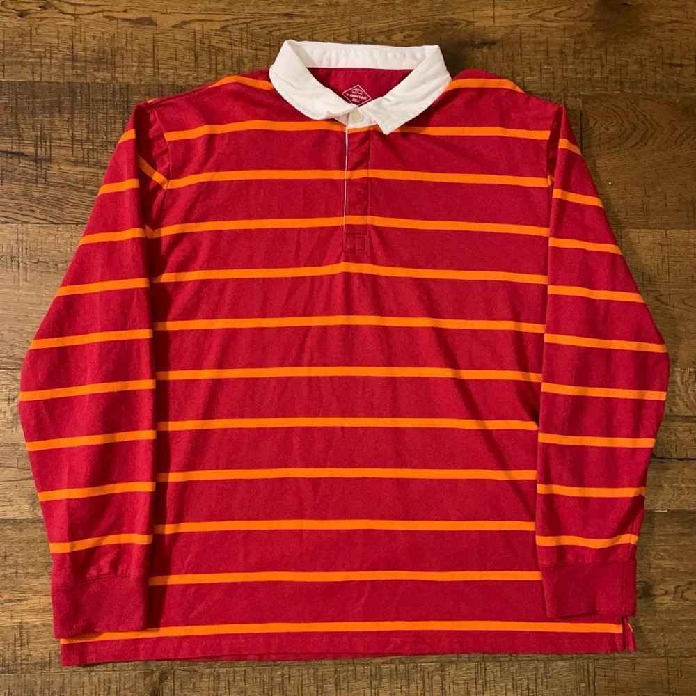 St. Johns Bay Rugby Shirt Mens XXL Red Orange Preppy Striped Long Sleeve